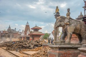 Earthquake damages landmark in Kathmandu, Nepal